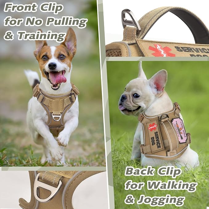 Tactical Dog Harness for Small Dogs, Adjustable No Pull Military Vest with Padded Vertical Handle, Reflective MOLLE Panels and 2 Patches, Khaki, XS