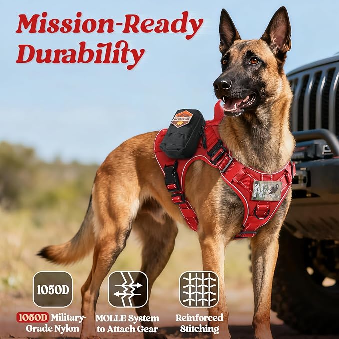 rabbitgoo Tactical Dog Harness for Medium, Heavy Duty Military No Pull Vest | Sturdy Metal Buckles, 5 Adjustments, Molle System, Powerful Pullers for Training, Hunting, Outdoor, Red Reflex, Medium