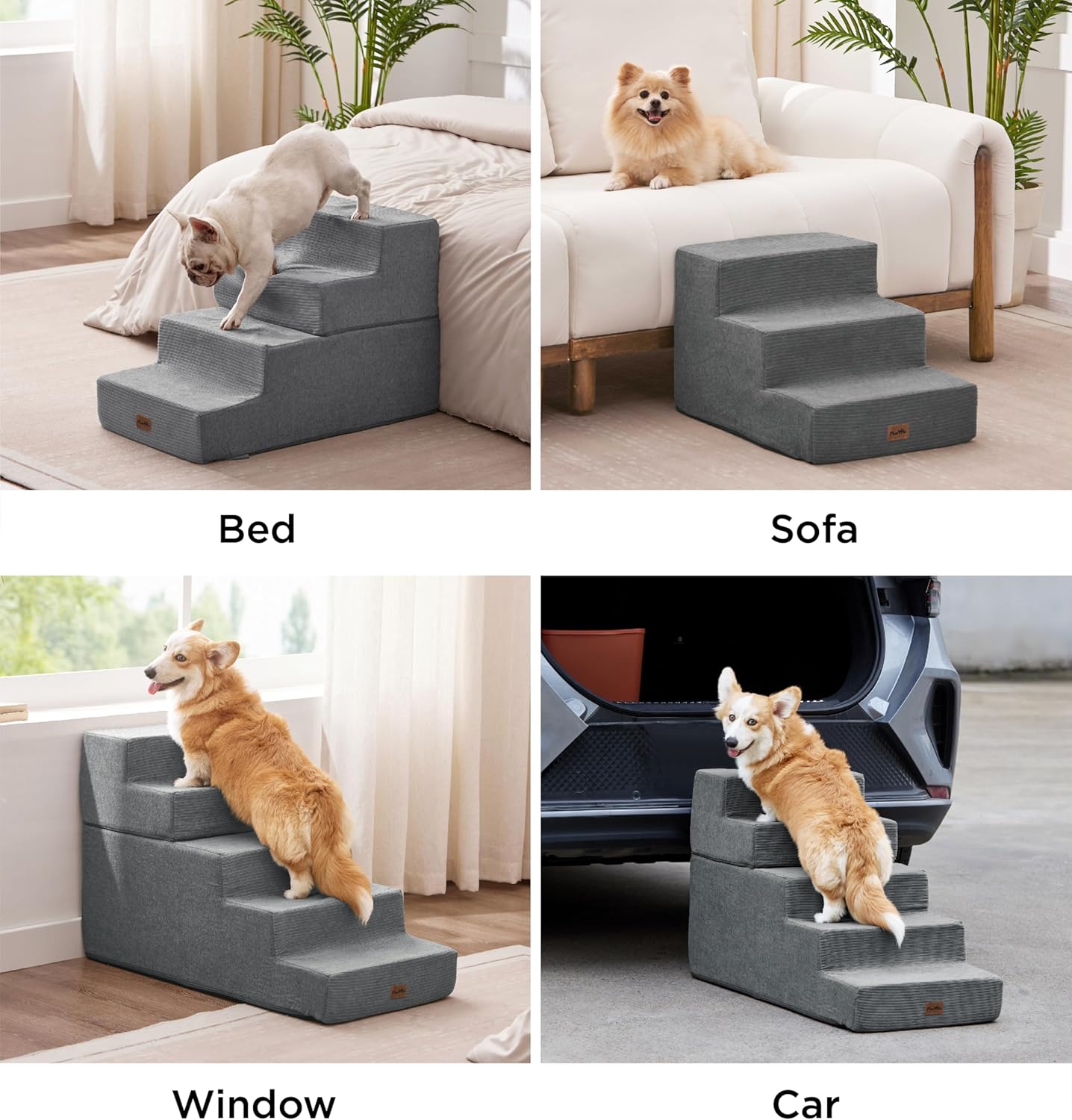 Made4Pets Dog Stairs for Small Dogs, Extra Wide Dog Steps for Bed Couch Sofa and Chair, 35D Foam Pet Steps for Small Dogs and Cats, Non-Slip Bottom Pet Stairs, Grey, 3 Steps