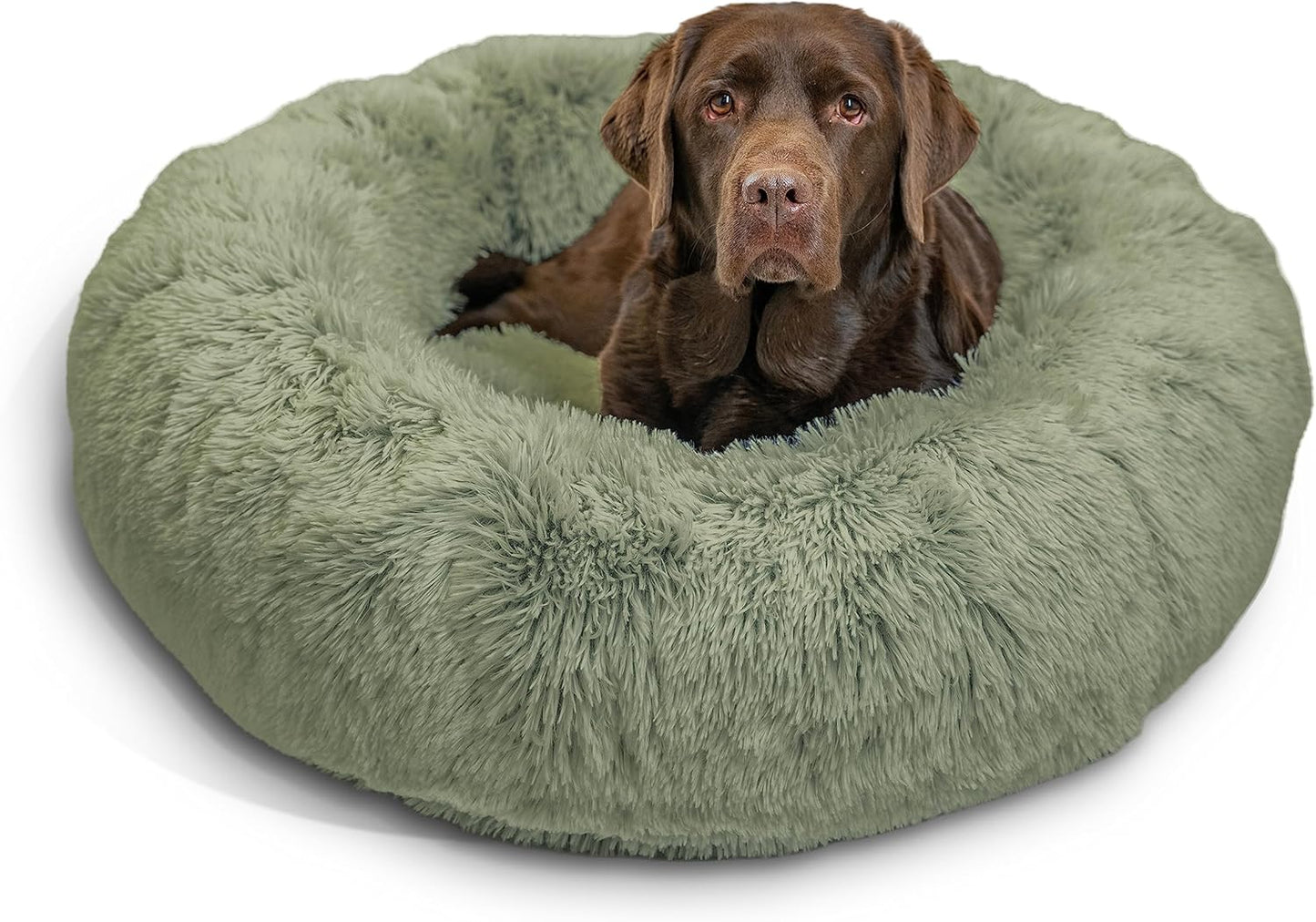 Best Friends by Sheri Original Calming Donut Dog and Cat Bed, Shag Faux Fur, Sage Green, (36in x 36in) - Anxiety Relief for Pets Up to 100 lbs