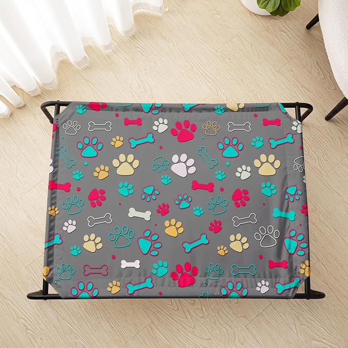 QOOMO Elevated Dog Bed with Cooling Fabric, Pet Cot for Small and Big Dogs, Indoor and Outdoor Use, Joint Relief, Cute Printed Cushion Included (Colored Paw Prints, 47.24" L*31.89" W*9.45" Th)