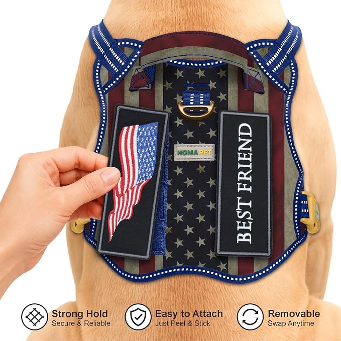 Homapet. Tactical Dog Harness with Dual Leash Attachment Points, Adjustable and Reflective Military Grade Dog Vest with Comfort Control Handle (Us Flag, XXL)