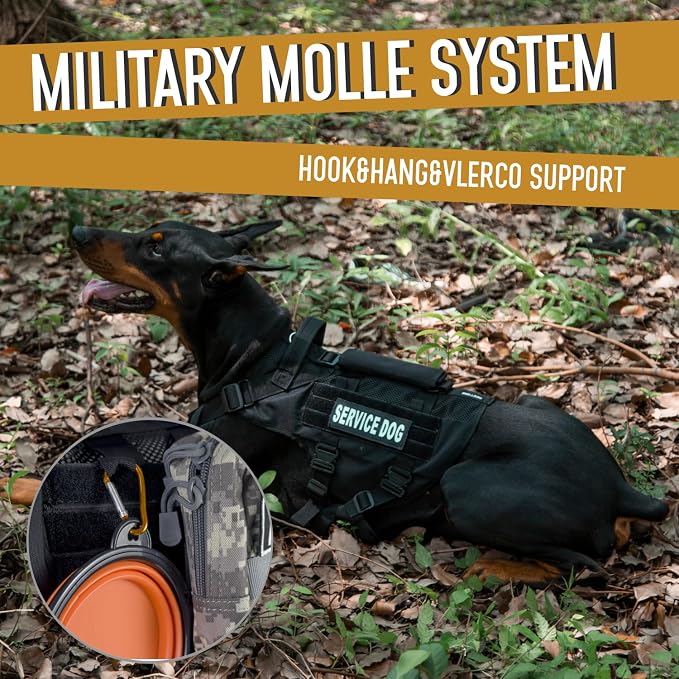 Service Dog Vest for Large Dogs, Black Tactical Harness with Military MOLLE, Breathable Mesh & 39g Metal Buckle - Size XL for Training & Hiking
