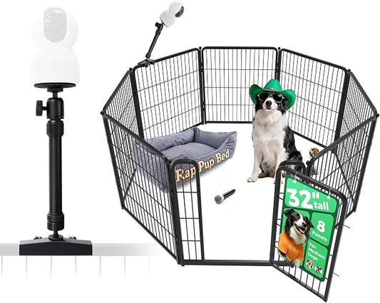 FXW Homeplus Indoor Dog Playpen with Camera Mount, 32" H, 8 Panels | Calm Indoor Play Area, Wider Viewing Angles with Stable Support, for Small & Medium Dogs, Patented