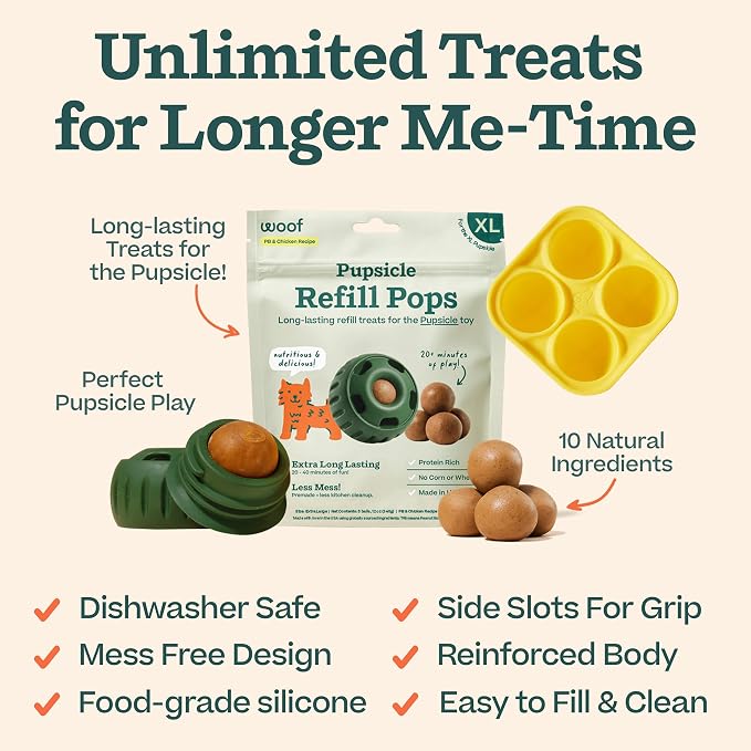 WOOF Starter Pack Dog Treat Toy for XL Dogs 75 lbs & Up | Long-lasting enrichment kit, Pupsicle toy included, reusable treat mold, chicken Pops, DIY frozen treats