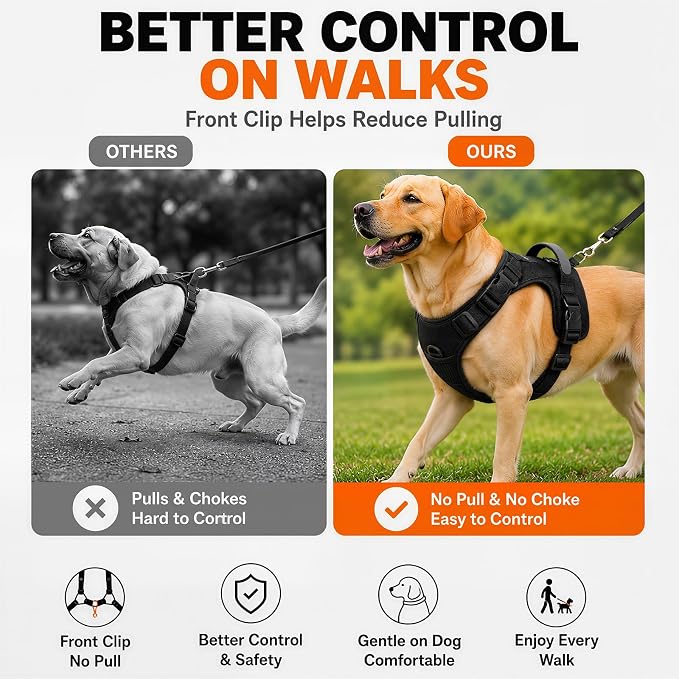 Heavy Duty Dog Harness for X-Large Dogs, No Pull Tactical Reflective Vest | 3 Point Locking Buckles, Dual Leash Clips, Handle, Reflective Strips, Hook & Loop Panel, Metal D Ring, Adjustable (Black)