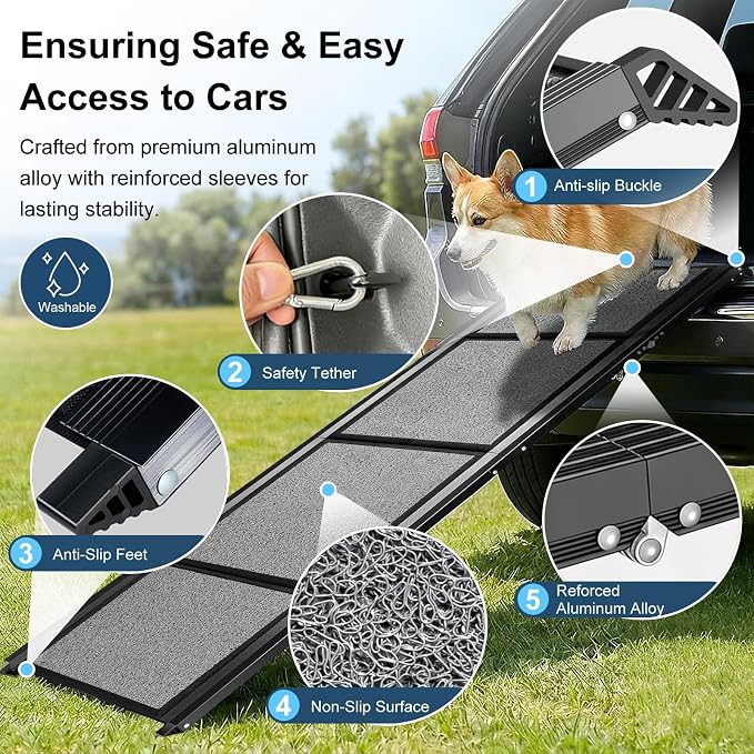 Dog Ramp for Cars 71"Long x 20"Wide SUV & Trucks, Non-Slip Surface Aluminum Pet Ramps for Small & Large Dogs–Heavy Duty Foldable Lightweight Portable Ramp for Senior Dogs High Bed Couch Outdoor 250lbs
