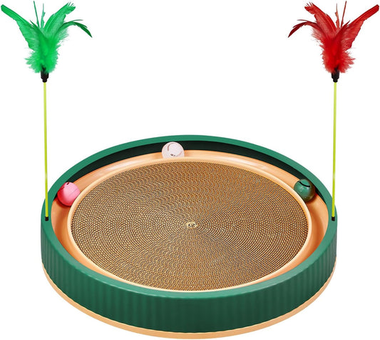 20-Inch Round Cat Scratcher with Ball Track – 3-in-1 Cardboard Scratching Pad with Feather Toy & Non-Slip Base – Interactive Cat Toy for Indoor Cats, Kittens & Large Cats (Green)