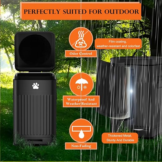 Dog Poop Trash Can Outside - 12L/3.1Gal Metal Outdoor Trash Can with Lid | Outdoor Dog Poop Trash Can with 40 Bags and Removable Inner Bin, Dog Waste Container with Lid Soft Close, Rectangular Black