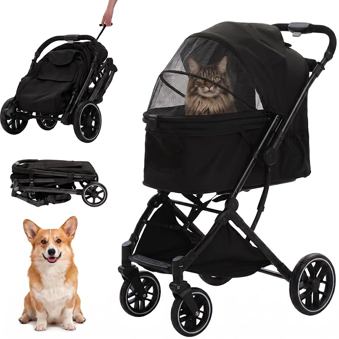 MUTTROS Pet Stroller for Small Medium Dogs & Cats Up to 66lbs, One Click Fold Dog Stroller, Large Cat Stroller w/All Terrain Shock Absorbing Wheels, Reversible Handle, Removable Washable Pad, Black