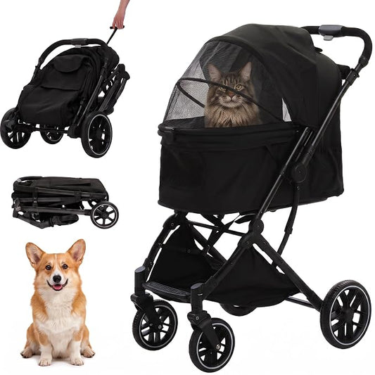 MUTTROS Pet Stroller for Small Medium Dogs & Cats Up to 66lbs, One Click Fold Dog Stroller, Large Cat Stroller w/All Terrain Shock Absorbing Wheels, Reversible Handle, Removable Washable Pad, Black