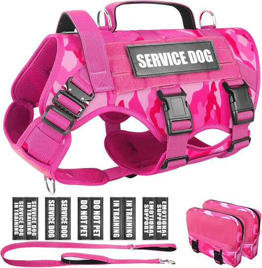 Tactical Dog Harness with Dog Leash, Service Working MOLLE Vest with 10 Pet Patches for Dog, No Pull Military Harness and Backpack for Training Hunting Walking