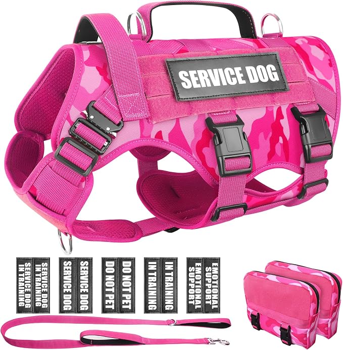 Tactical Dog Harness with Dog Leash, Service Working MOLLE Vest with 10 Pet Patches for Dog, No Pull Military Harness and Backpack for Training Hunting Walking