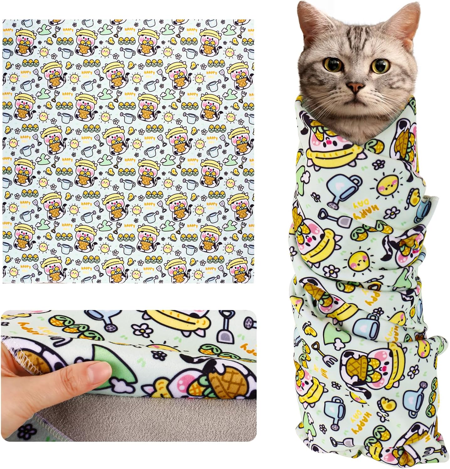 Cat Wrap for Cutting Nails and Grooming(27"x27"),Cat Restraint Wrap for Nail Clipping, Self-Adhesive Fabric Cat Swaddle Burrito Wrap for Nail Trimming (Cow Style)