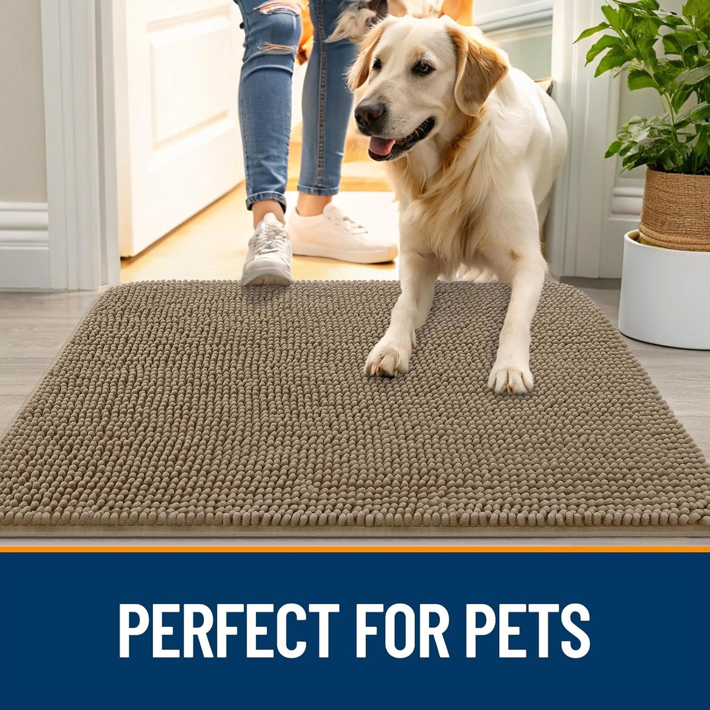 OLANLY Dog Door Mat for Muddy Paws 54x24, Absorbs Moisture and Dirt, Absorbent Non-Slip Washable Doormat, Quick Dry Chenille Mud Mat for Dogs, Entry Indoor Entryway Carpet for Inside Floor, Tan
