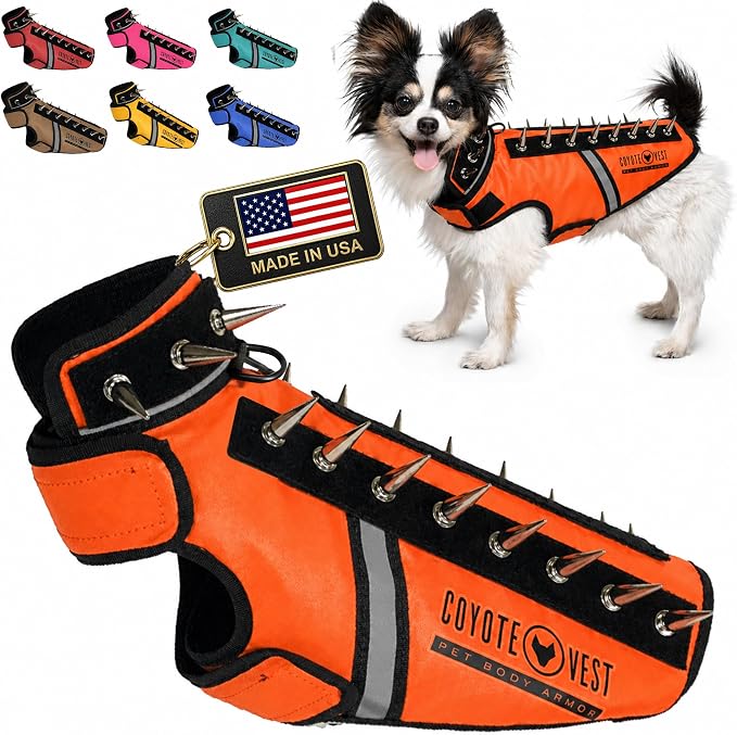 CoyoteVest SpikeVest Dog Harness, Made in the USA, XS-Fluorescent Orange | Stab-Resistant Protective Vest | Coyote Vest for Dogs | Defends Against Coyotes, Dogs, Birds of Prey | Reflective Safety
