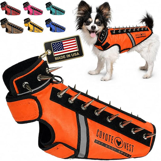 CoyoteVest SpikeVest Dog Harness, Made in the USA, XS-Fluorescent Orange | Stab-Resistant Protective Vest | Coyote Vest for Dogs | Defends Against Coyotes, Dogs, Birds of Prey | Reflective Safety