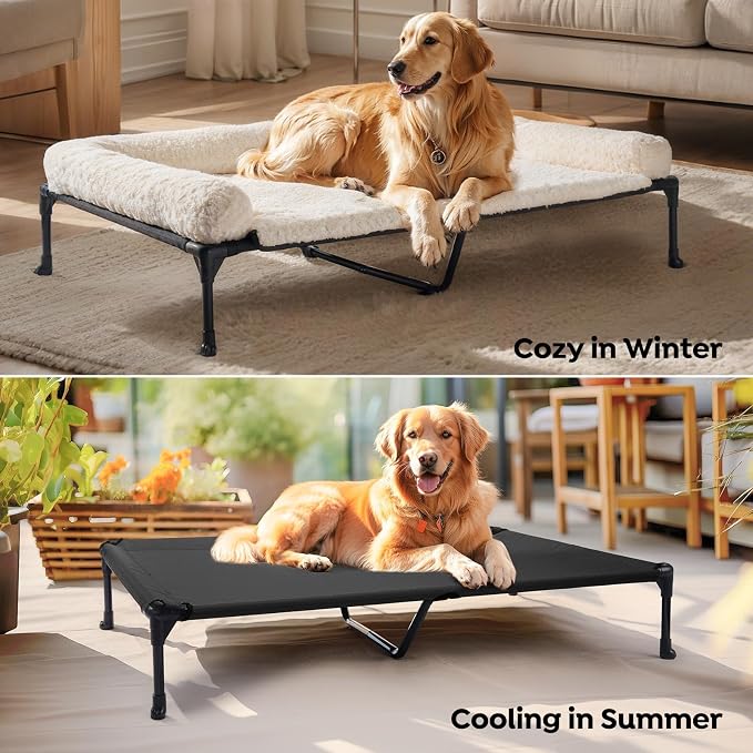 Veehoo Orthopedic Elevated Dog Bed Add Removable Deluxe Rose Plush Bolster Cushion Mat, 47" x 29" Washable Dog Couch Bed, Raised Pet Cot with Breathable Teslin Mesh, No-Slip Feet, White, CWC2439B