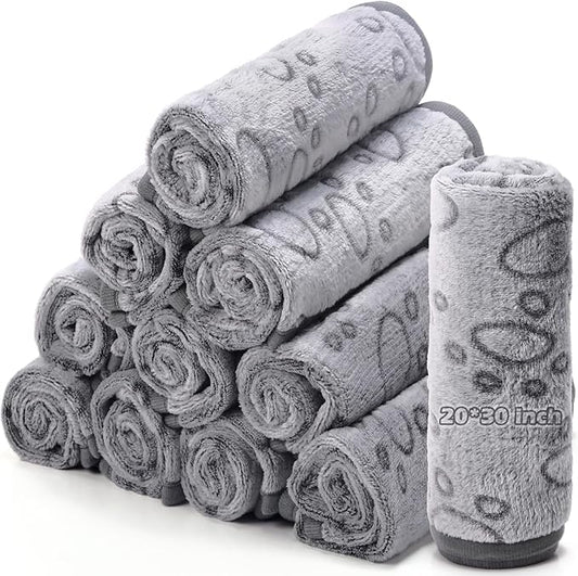 Tegeme 12 Pcs Pet Blankets Soft Fluffy Fleece Dog Cat Warm Paw Print Pattern Blankets Flannel Throw for Pets Dog Puppy Cat(30 x 20 Inch,Gray)