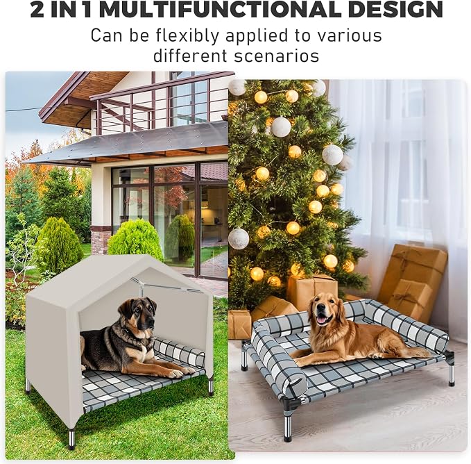 Elevated Dog Bed House with Canopy & Bolster, 2-in-1 Outdoor Raised Dog Cot | Weatherproof Cooling Indoor Pet Cot with Pillow, Portable Tent Dog Cot with Stainless Steel Frame & Sunshade Fabric
