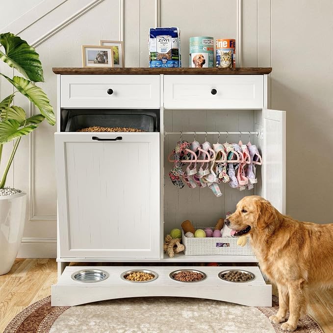 FIMELLO 39.7’’W Dual Doors Dog Food Storage Cabinet, Tilt-Out Dog Feeding Station with 4 Feeding Bowls, Pet Feeder Cabinet, White Grain