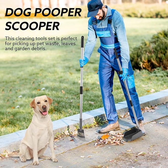 Adjustable Metal Dog Pooper Scooper Tray and Rake Set for Pet Waste Removal | Adjustable Stainless Steel Long Handle, Light Weight Aluminum Tray,Durable Carbon Steel Rake,For Medium Small Dogs