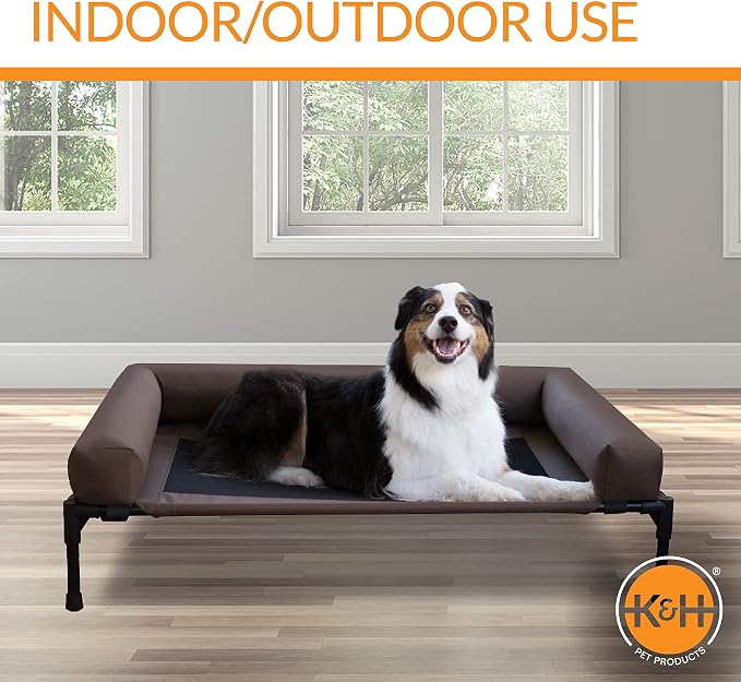 K&H Outdoor Elevated Dog Bed, Bolster Pet Cot, Medium 32x25in, Chocolate | Pet Cot for Medium & Large Pets, Washable Mesh Center Hammock with removable Washable Bolsters, Indoor / Outdoor Dog Bed