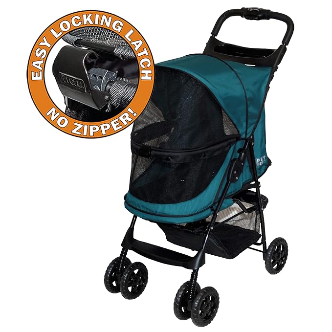 Pet Gear No-Zip Happy Trails Pet Stroller for Cats/Dogs, NEW Emerald | Zipperless Entry, Easy Fold with Removable Liner, Safety Tether, Storage Basket + Cup Holder
