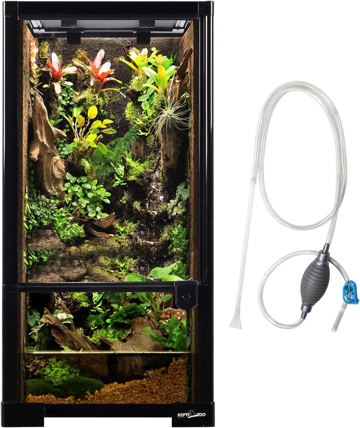 REPTIZOO 15 Gallon Full Glass Reptile Terrarium 12" x 12" x 24" Knock-Down Glass Tank and Siphon Gravel Cleaner Set, Small Habitat for Reptile Chameleon, Tree Frogs, Arboreal Geckos,Lizard