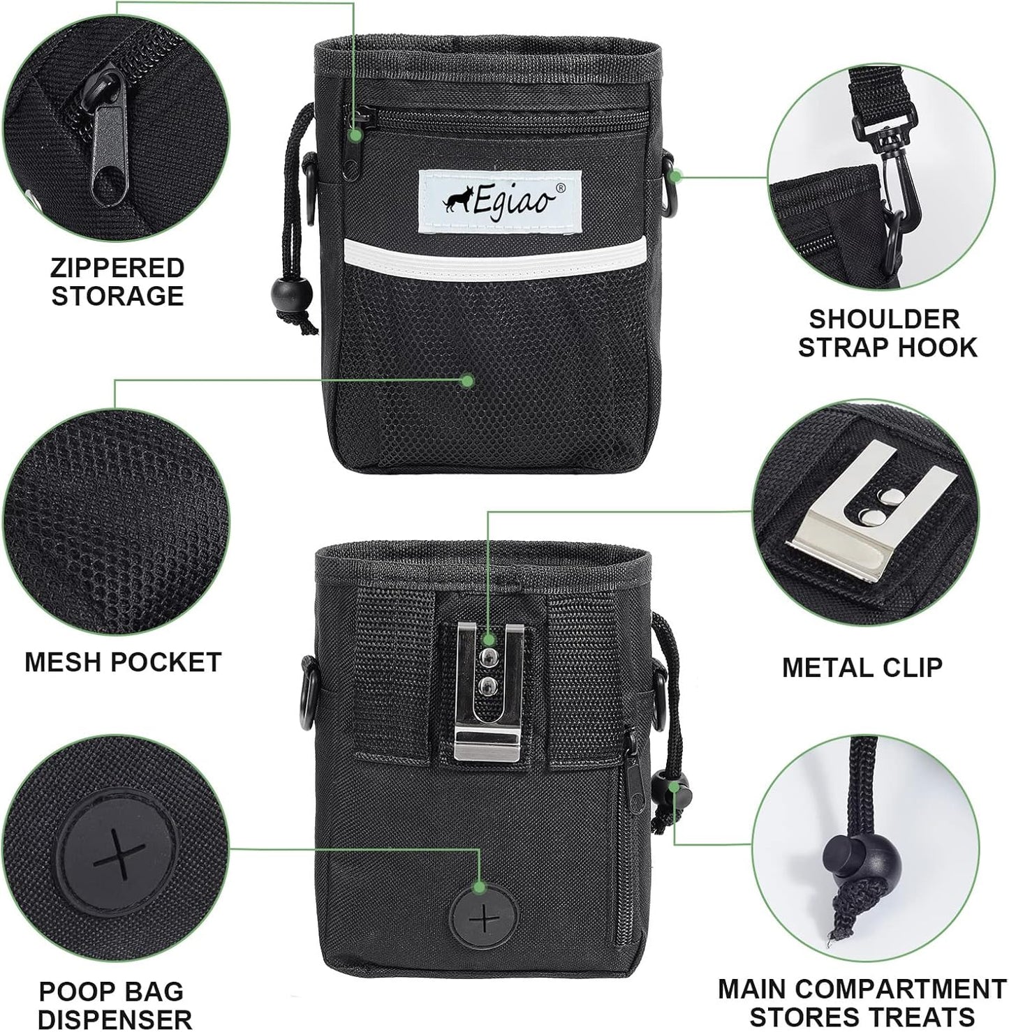 Dog Treat Pouch with Drawstring Closure, Puppy Training Bag, Built-in Pet Poop Bag Dispenser, Waist Belt Clip, 3 Ways to Wear