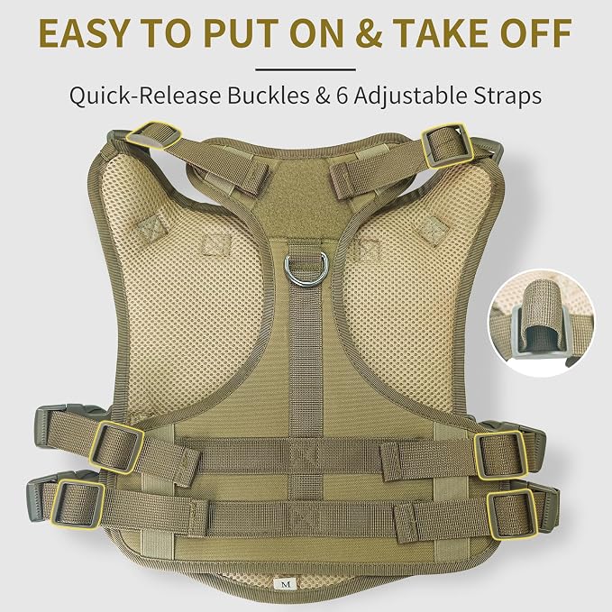 Tactical Dog Harness for Medium Dogs, Heavy Duty No Pull Dog Harness with Handle, Adjustable 6-Buckle Pet Vest for Pitbull, Border Collie, Boxer, Walking, Training, Hunting
