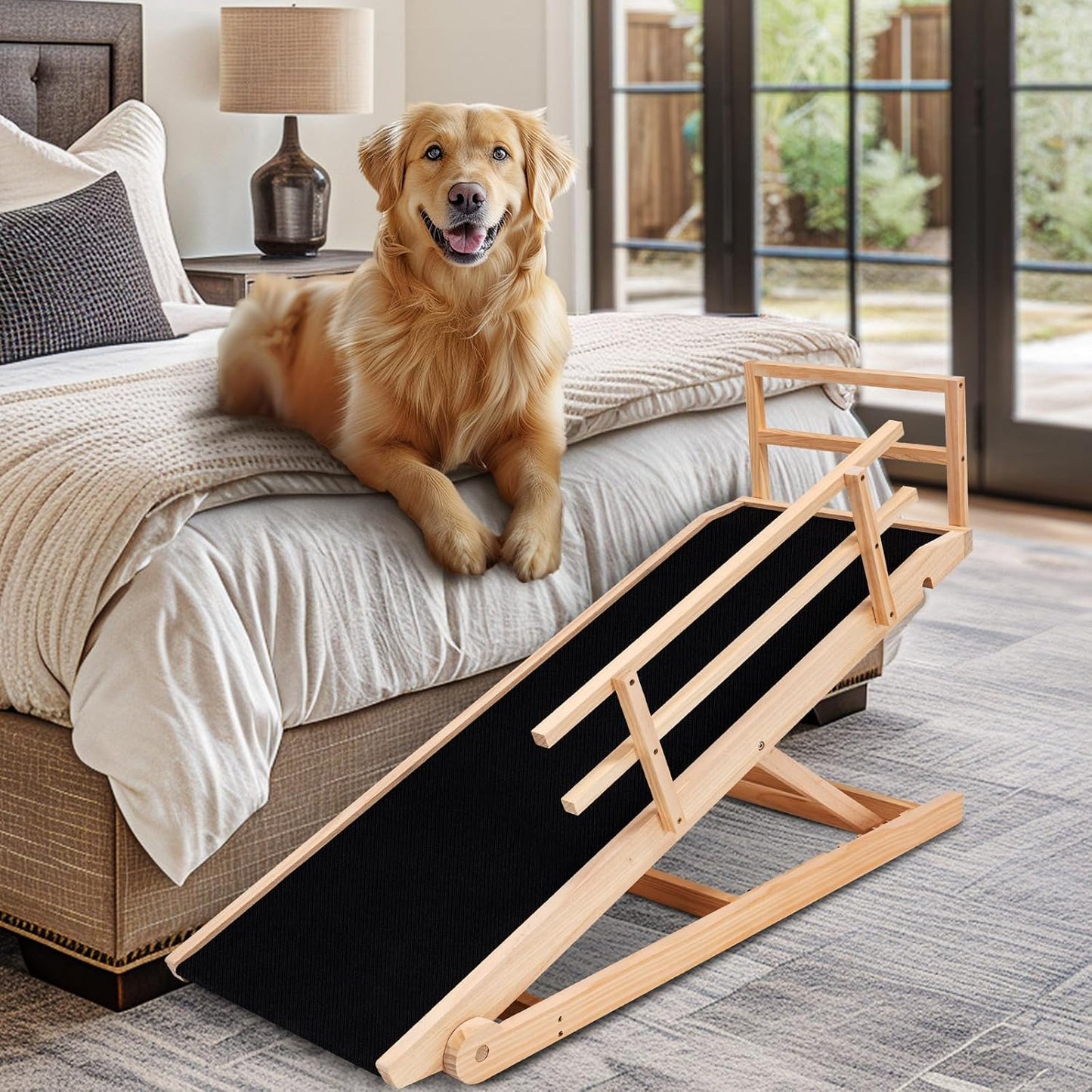 Dog Ramp, 5 Level Adjustable Wooden Folding Pet Ramp for Middle Bed, Couch,SUV-High Traction, Portable Paw Ramps for Small & Large Old Dogs & Cats - Furniture Quality