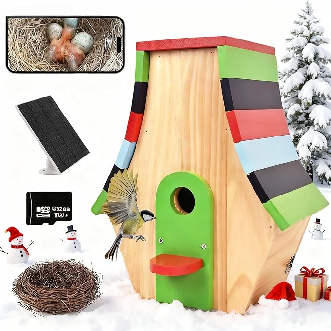 Birdhouse with Camera, Smart Bird House, 2.4G WiFi & App Notify 160° Wide Wireless 1080P HD Solar Powered Birdhouse Wooden Bird House with Camera Inside Easy Birdwatching for for BirdLovers