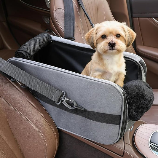 Center Console Dog Car Seat for Small Dogs,Dog Booster Car Seat with Safety Belt and Pockets,Portable Pet Armrest for Puppy Cat Under 13 lbs (Grey)