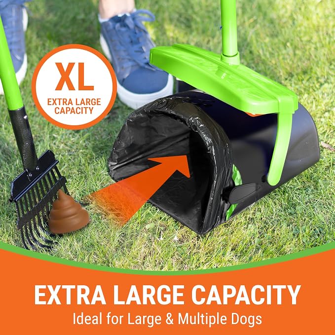 Pupzle Dog Pooper Scooper with Bag Attachment, 40" Long Handle Pooper Scooper for Large Dogs, Dog Poop Scoop for Yard, Large Capacity Swivel Bin and Rake, Lavender Scented Bags (Green)