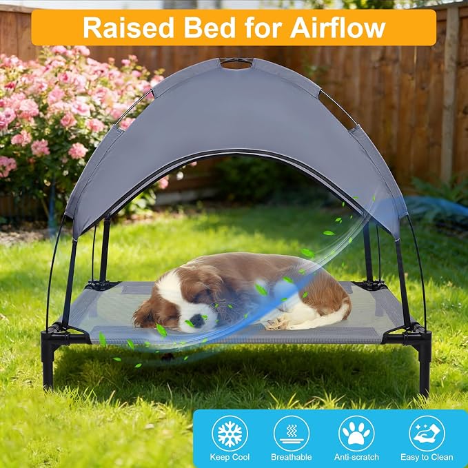 34.3'' Elevated Outdoor Dog Bed with Canopy, Raised Dog Bed Medium Size Dog | Outdoor Dog Bed with Canopy Medium Large Size Dogs with Ice Pack, Dog Cooling Beds, Outdoor Pet Hammock Beds, Outside Pet Bed
