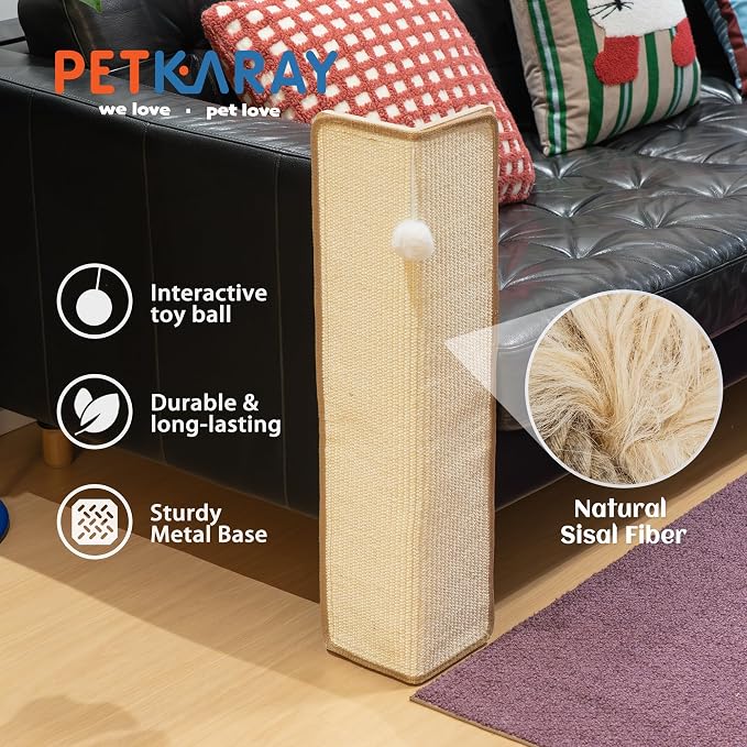 PETKARAY 27.9'' Cat Scratching Post for Couch Corner, Furniture Protector | Under-Furniture Cat Scratcher, Natural Sisal Scratch Pad, Anti Scratch Couch Protector for Indoor Cats with Toy Ball