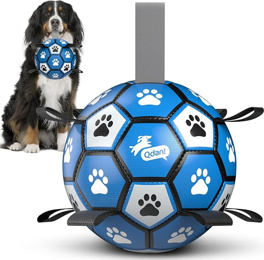 QDAN Extra Large Dog Toys Soccer Ball - Durable Dog Balls for Extra Large Dogs with Straps, Outdoor Dog Toys, Dog Water Toy, Herding Ball (9 Inch)