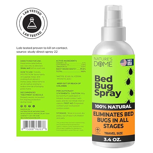 Nature's Dome TSA Approved Travel Bed Bug Spray (3.4 oz) – Natural Bed Bug & Mite Killer, Destroys Eggs on Contact, Non-Staining for Hotel Mattresses & Luggage