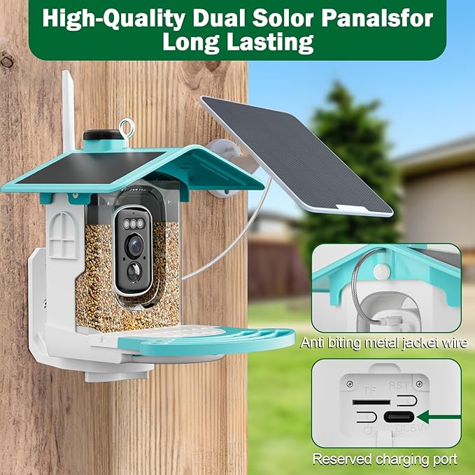 Jarkyfine Smart Bird Feeder with Camera Solar Powered - AI Bird Identification, 2K HD Video Live Stream Camera, 3MP Photos, 2.9in Focus, Gifts for Mom Dad Birdlovers, Blue