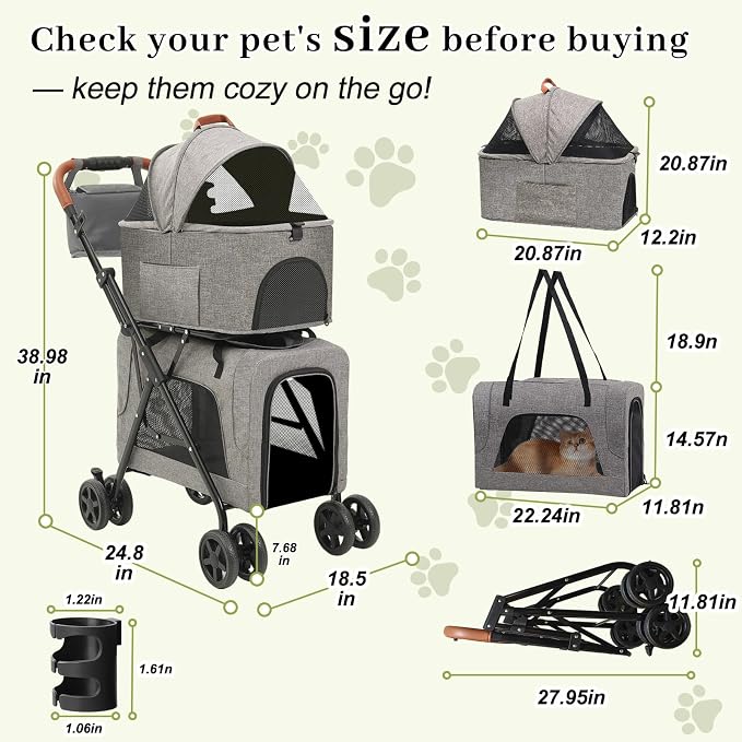 Double Pet Stroller with Detachable Carriers, Dog Stroller for Medium Dogs 20 lb, Foldable Dog Stroller for 2 Dogs,Easy Assembly Cat Stroller for 2 Cats with Cup Holder and Storage Bag for All-Terrain