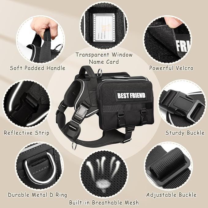 Dog Backpack Harness and Leash Set for Large Dogs Black XL | Removable Side Pockets Dog Vest with Padded Handle&MOLLE,No Pull Front&Back Metal Clips for Hiking Training Walking Hunting