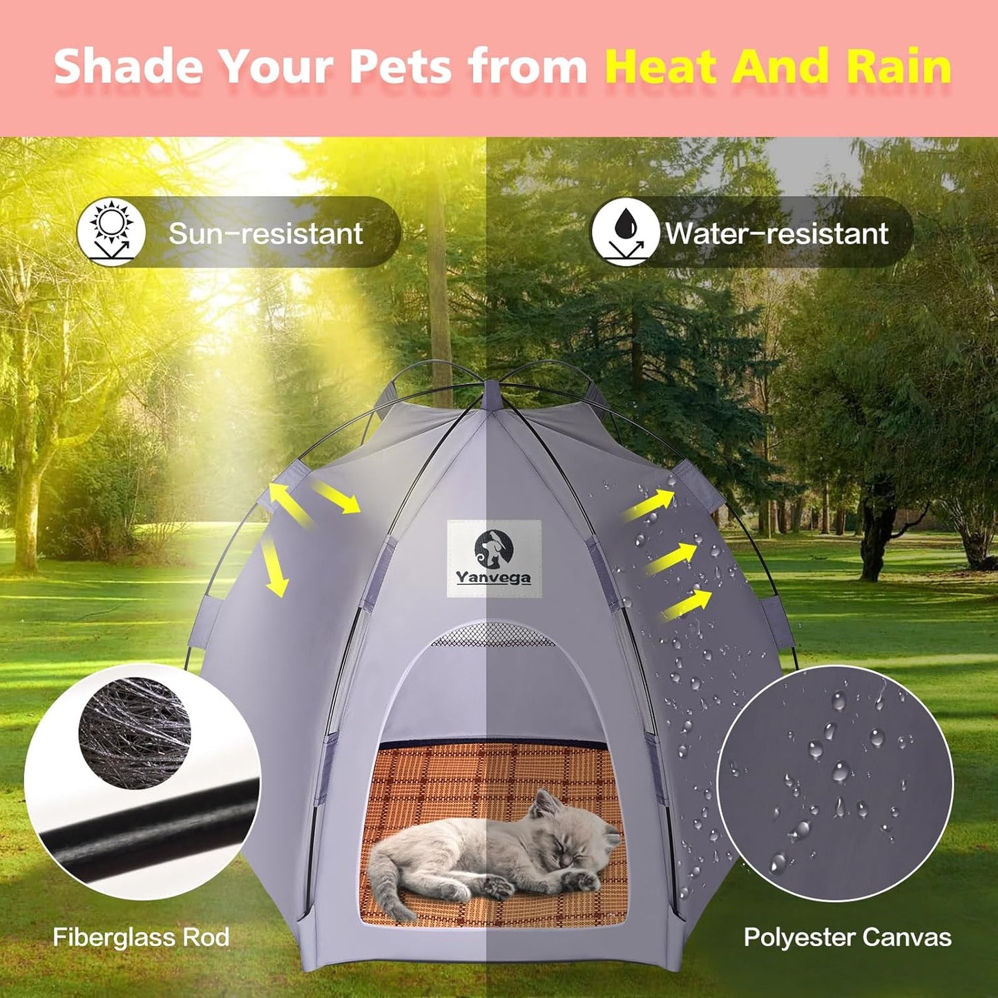 Yanvega Cat Tent Cat Beds for Indoor Cats Pet Supplies, 23.6" × 23.6" × 16.8" Cat Pop Up Tent Collapsible Cat House Cat Cave Outdoor, No Assemble Required High Elastic Frame with Ground Nail （Gray）