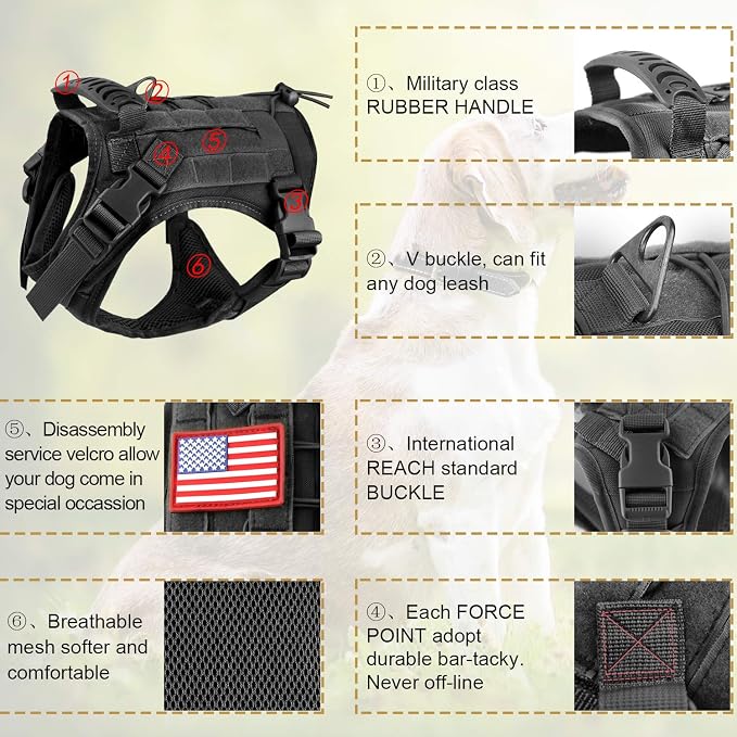 Tactical Service Dog Vest Harness for Medium Large Dog, Military K9 Training Dog Vest with Molle System Adjustable Tactical Puppy Harnesses with Handle (S, 3Black)