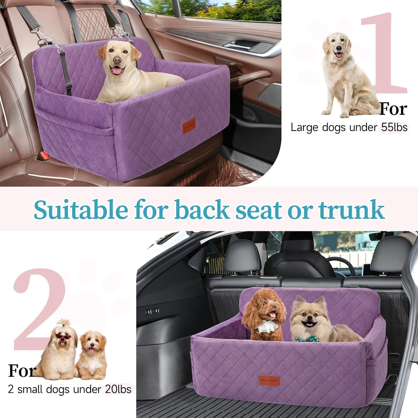 Dog Car Seat for Medium/Large Dogs, Pet Booster Seat for Under 55 lbs or 2 Small Dogs, Detachable & Washable Dog Car Bed for Backseat with 2 Safety Leashes (Purple)
