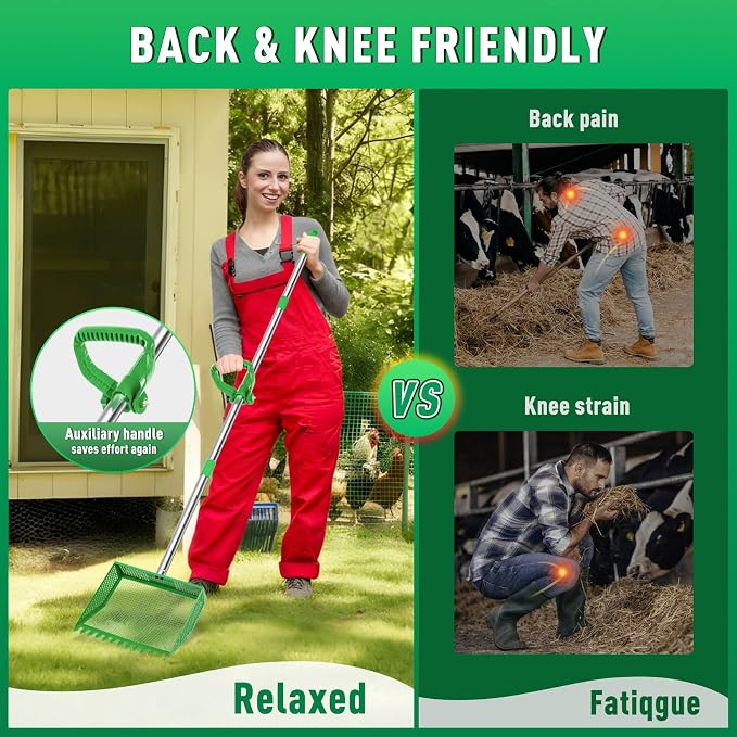 Large Chicken Poop Scooper: 2-in-1 Metal Pooper Scooper & Rake Adjustable 62" Long Handle Stainless Steel Sand Sifting Litter Shovel Chicken Coop Scoop Cleaning Tool for Goat Yard Bright Green