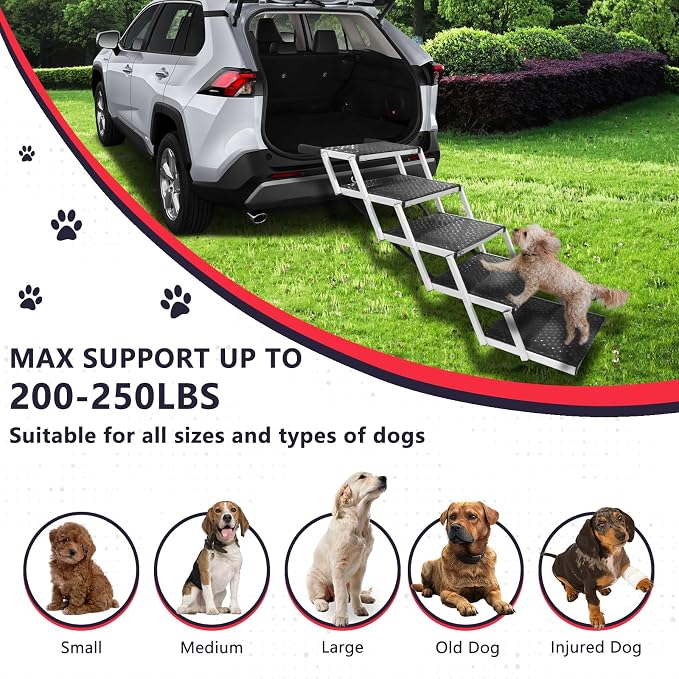 Dog Stairs with Nonslip Surface Portable Folding Pet Ramp for Car, SUV and Trucks Foldable Truck Ramp Stairs for Small to Large Size Dogs Up to 250LBS