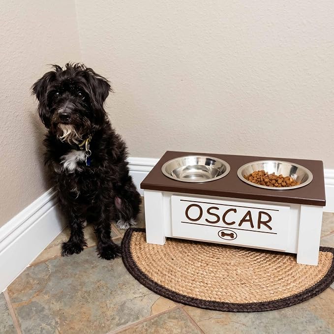 Elevated Dog Bowls for Small Dogs, Personalized Food Stand for Small Breed | Farmhouse Style, Elevated Wood Stand, Storage Container, Stainless Steel Bowls, Raised Anti-Slip Feeder, Made in USA
