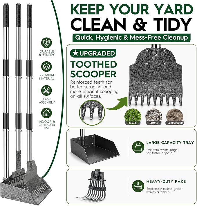 Pooper Scooper，Long Handle Dog Pooper Scooper，No More Bending , Easy to use | Easy to install,Upgraded Toothed Scooper，Free Extension Pole， Ideal for Yard, Lawn, Dirt & Gravel Ground，for Small-Medium Dog