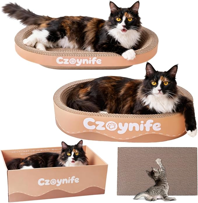 3PCS Cat Scratcher Cardboard, Oval Cat Scratch Pad Bowl Nest for Indoor Cats, Round Cat Scratching Board Corrugated Lounge Cat Bed, Furniture Protector for Couch (Brown, 17 * 11.5 in)